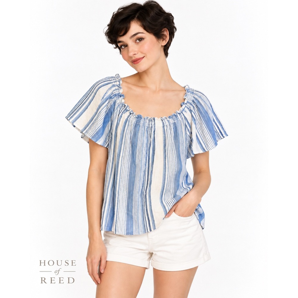 Wonderly Blue White Striped Cotton Gauze Smocked Neck Blouse PM